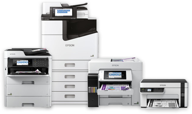 Frontalansichten vier verschiedener EPSON-Drucker vor einem weißen Hintergrund zur Darstellung hoher Qualität von offino Bürolösungen – dem Platinum-Partner von EPSON Deutschland